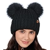 Creekstone Double Pom Pom Beanie Winter Hats for Women Girls, Warm Fleece Lined Beanie, Thick Knit Hat Faux Fur Bobble Hat
