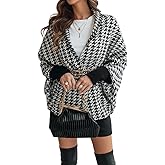CHICME Houndstooth Ponchos for Women Open Front Knit Sweater Cardigan Batwing Oversized Sweater Coat