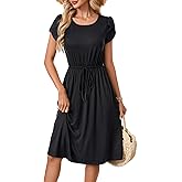 LYANER Women's Ruched Crew Neck Petal Sleeve A Line Drawstring Vacation Knee Length Dress