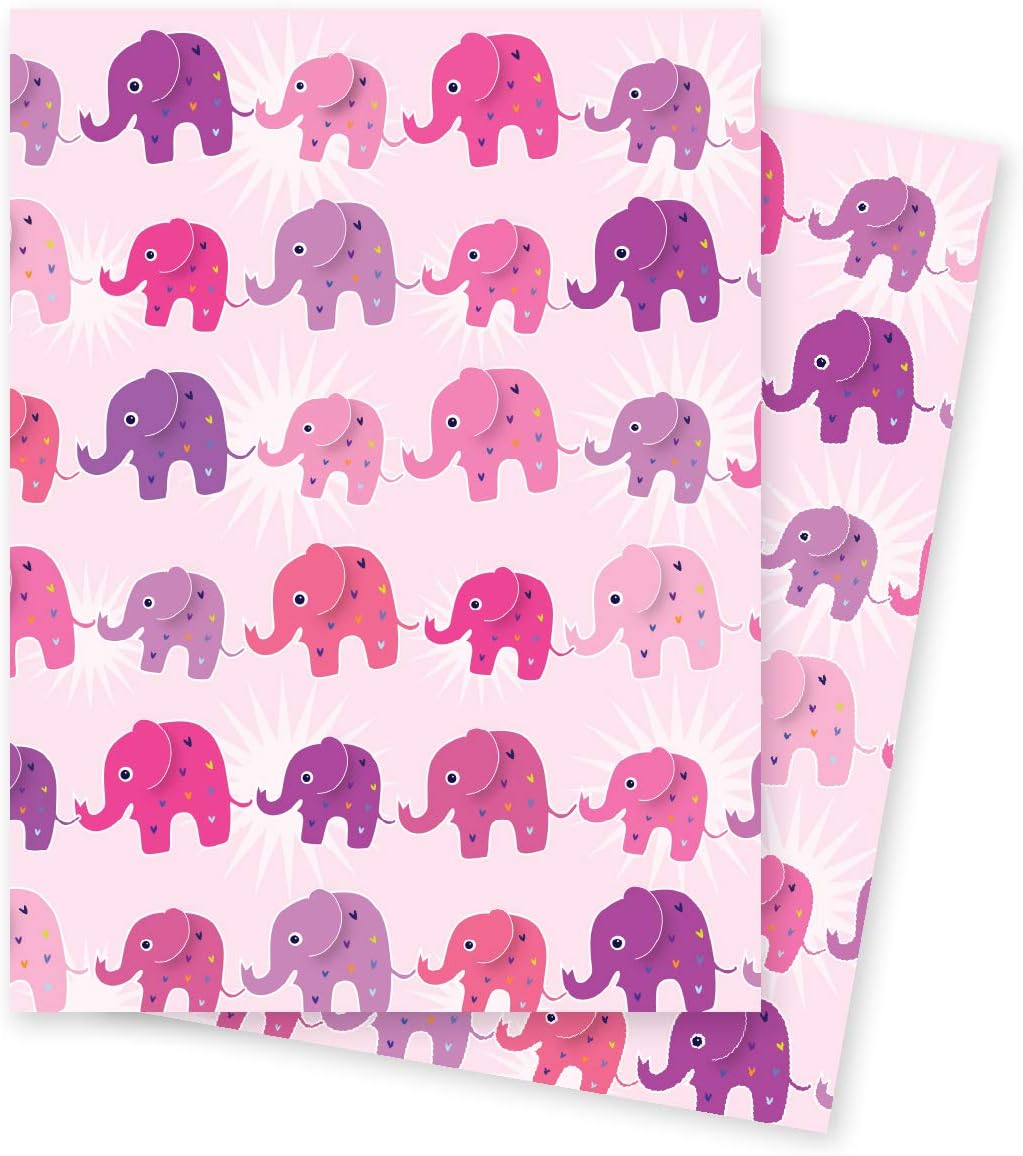 Pink Elephants Wrapping Paper - 2 Sheets of Giftwrap - 70x50cm by Jonathan Glick Designs - Birthday Baby Girl Any Occasion