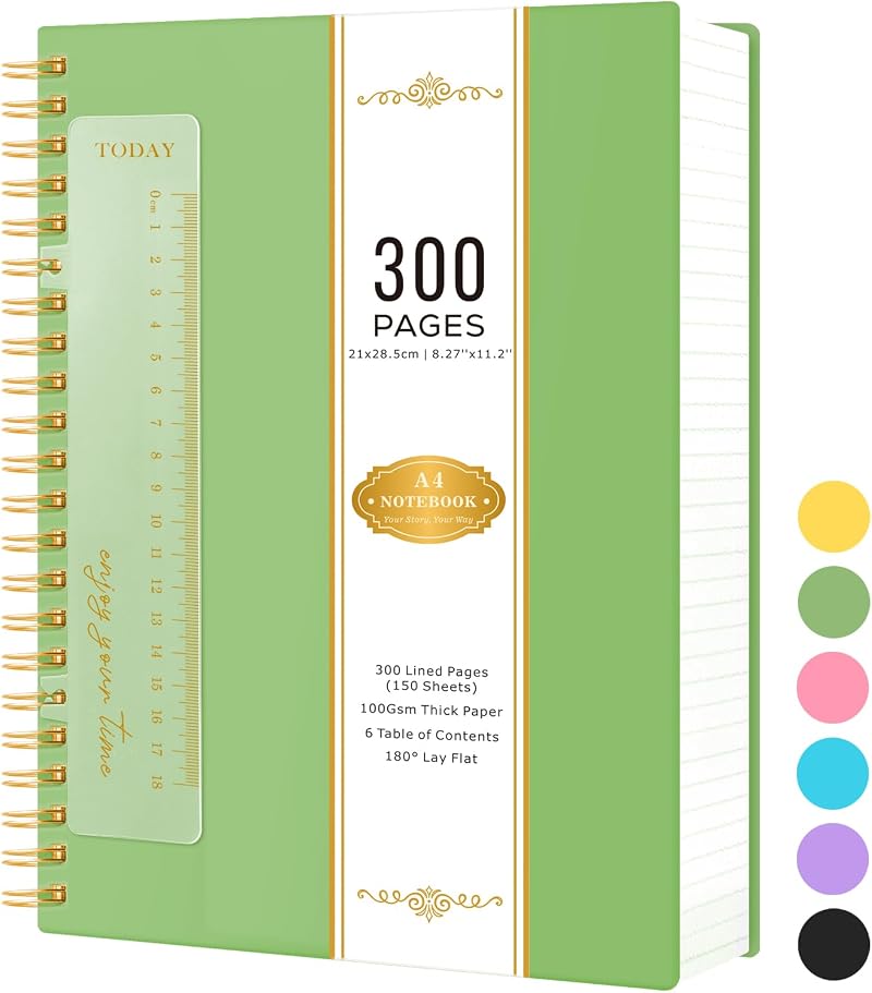 NIRMIRO A4 Lined Notebook 300 Pages 100GSM PVC Cover Spiral Wirebound