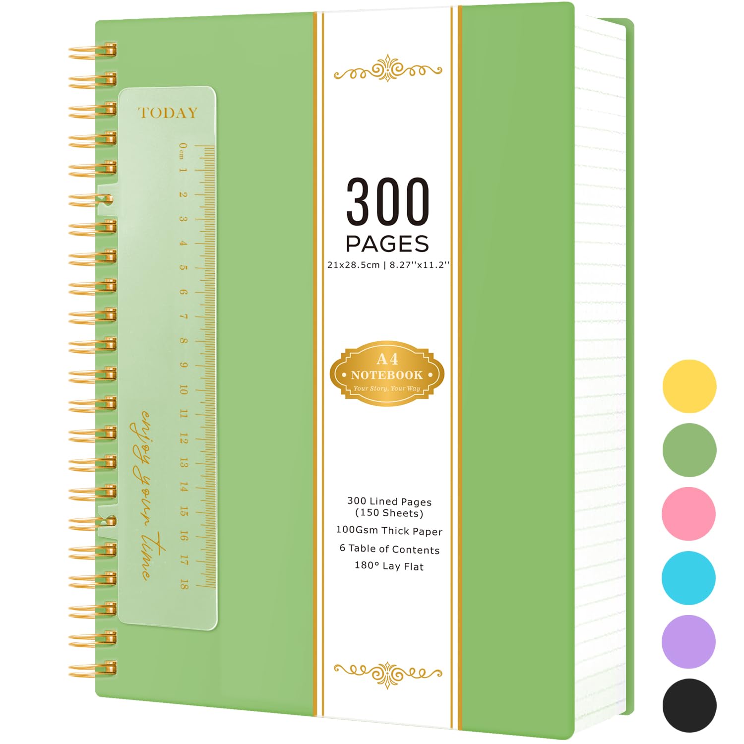 NIRMIRO A4 Lined Notebook Hardback, 300 Pages/ 150 Sheets Wirebound Spiral Notepad Note Book for Writing, 100GSM Lined Paper, No Bleed, Green PVC Cover, 21 x 28.5cm