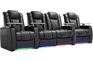 Weilianda Home Theater Seating Top Grain Leather Zero Gravity Recliner Chair Power Headrest Recline Movie Seat Gaming 7 Colors Mood Light Sofa with Tray Table USB Charge Row of 4 Loveseat Middle Black