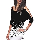 Christmas Shirts Women's Sexy 3 4 Sleeve Snowflakes Cold Shoulder Holiday Shirt