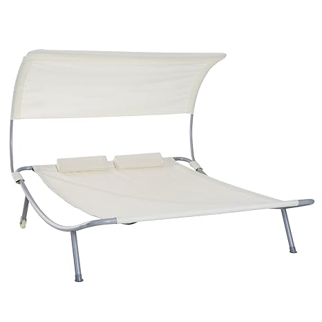Outsunny Doppelliege Sonnenliege Gartenliege mit Dach rollbar Stahl Cremeweiß 200 x 170 x 138cm