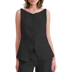 RENATURE Women's 100% Linen Vest Lightweight Sleeveless Blazer Waistcoat | V Neck Button Linen Tops with Pocket for Office, B