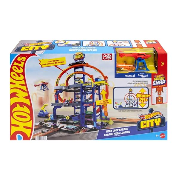 HOT WHEELS TOY CAR TRACK SET WITH DIE-CAST CAR & HELICOPTER, 2 LOOPS, STORAGE FOR 36 1:64 SCALE VEHICLES, SPEED SNAP ADAPTERS, MEGA LOOP GARAGE
