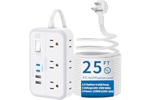 Flat Extension Cord 25 ft, NTONPOWER 2-Side Outlet Extender Surge Protector Power Strip with 6 Outlets 4 USB Ports, Mounted, Overload Protection for Indoor, Home, Office, Dorm Room Essentials