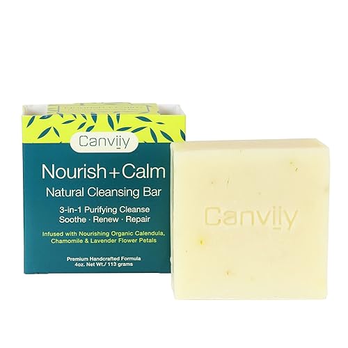 Canviiy 3-in-1 Purifying Nourish + Calm Natural Cleansing Bar, Infused with Calendula, Chamomile, Peppermint Oil, Witch Hazel and Lavender Petals to Soothe, Renew, and Repair Dry Skin - 4 Oz (Pack of 1) - Amazon deal for $7.99
