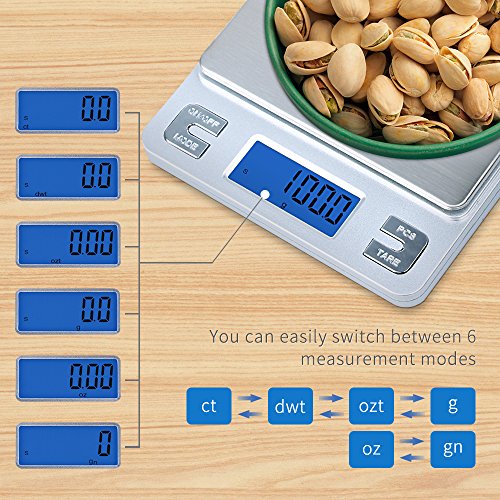 Dapai Mini Digital Kitchen Scale, Multifunction Food Scale, 0.1g-3kg, Tare & PCS Functions, Back-Lit LCD Display, Stainless Steel, Batteries Included (Silver)
