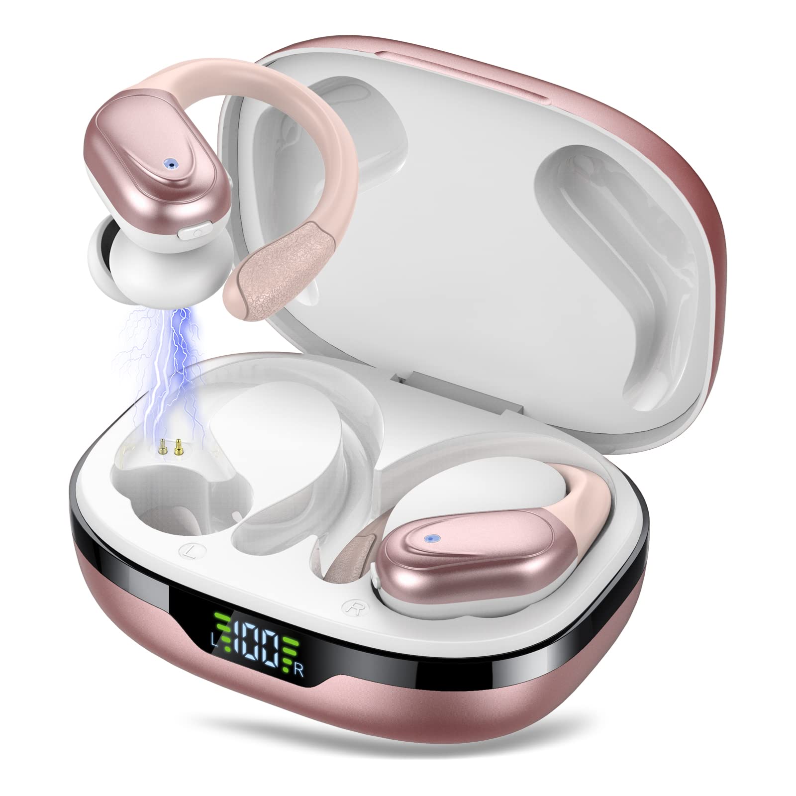 Ear buds Wireless Earbuds Bluetooth 5.3 Headphones 60hrs Playtime with Digital Display Sports Wireless Headphones with Earhook Deep Bass IPX7 Waterproof Over-Ear Earbuds for Android iOS Workout Rose