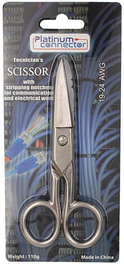 Technician's Multi-Purpose Scissors for Cutting & Stripping of Ethernet Cable, Electrical Wire, Light Plastic Conduit and Metal Sheet (19-24AWG)