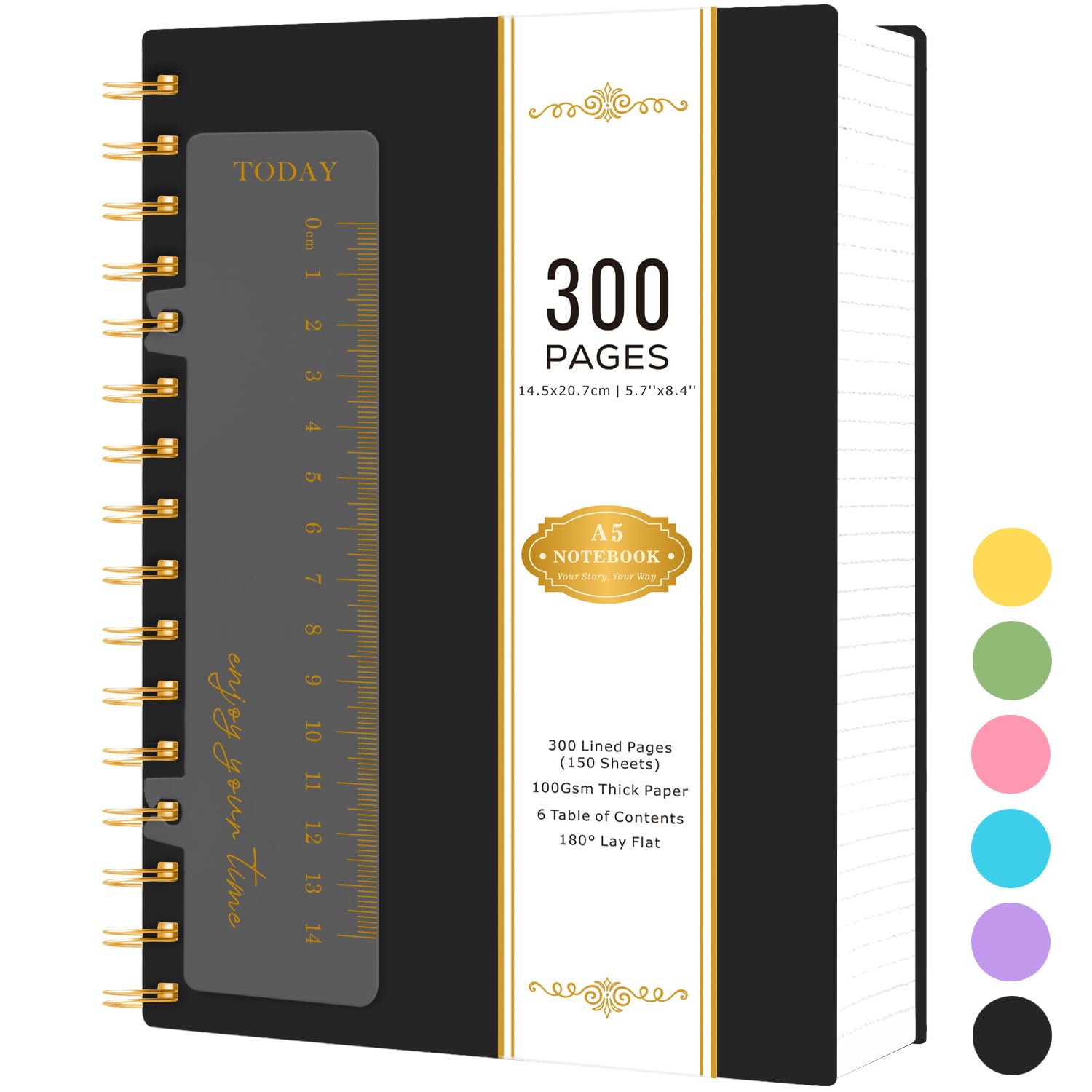 NIRMIRO Spiral Notebook A5, 300 Pages/ 150 Sheets Wirebound Notepad, Black PVC Cover Note Book for Writing, 100GSM Lined Paper, No Bleed, 14.5 x 20.7cm