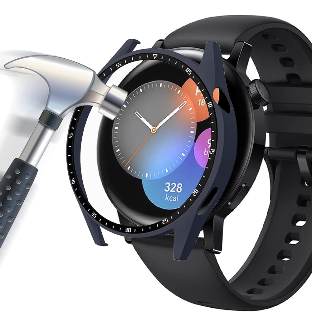 Acadeny Case With Tempered Glass Screen Protector Compatible for Huawei Watch GT3 46mm, 9H Hardness 360 ° All-round Protective Cover Ultra-thin Protective PC Case Cover for With Scale, blue
