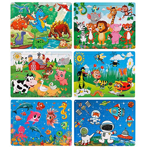 NASHRIO Kids Puzzles Set of 6 – 60 Piece Wooden Jigsaw Puzzles Toys for 3-8 Boys and Girls – Preschool Educational and Fun Themes – Animals, Dinosaurs, Insects, Farm, Benthos, Planets