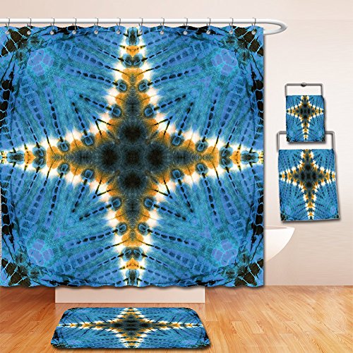 Nalahome Bath Suit: Showercurtain Bathrug Bathtowel Handtowel Tie Dye Decor Star Figure in Middle of Color Power Textured Ethnic Asian Ikat Pattern Blue Orange