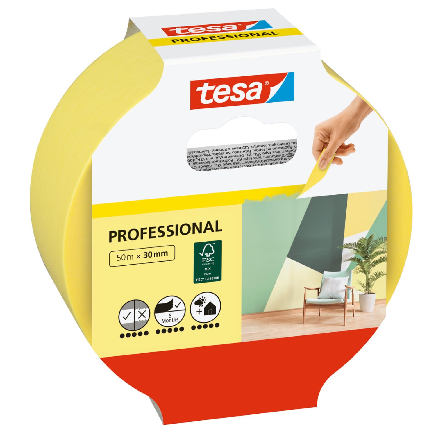 tesa Masking Tape Professional - Painter's Tape Made of Thin Washi Paper for Particularly Precise Masking During Painting Work - for Indoors and Outdoors - 50 m x 30 mm