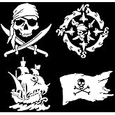 Pirate Decals 4 Pack: Skull and Swords, Ship, Flag, Compass (White, PiratesOne Small3.5")
