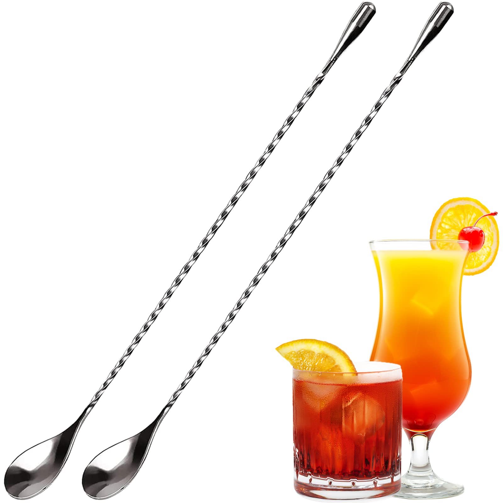 Stainless Steel Mixing Spoon, 2 Pcs 12 Inch Bar Cocktail Shaker Spoon, Long Handle Spoon with Spiral Pattern Teardrop End Design, Drink Stirrer for Home Bartender Use Silver Cocktails Coffee Tea Herbs