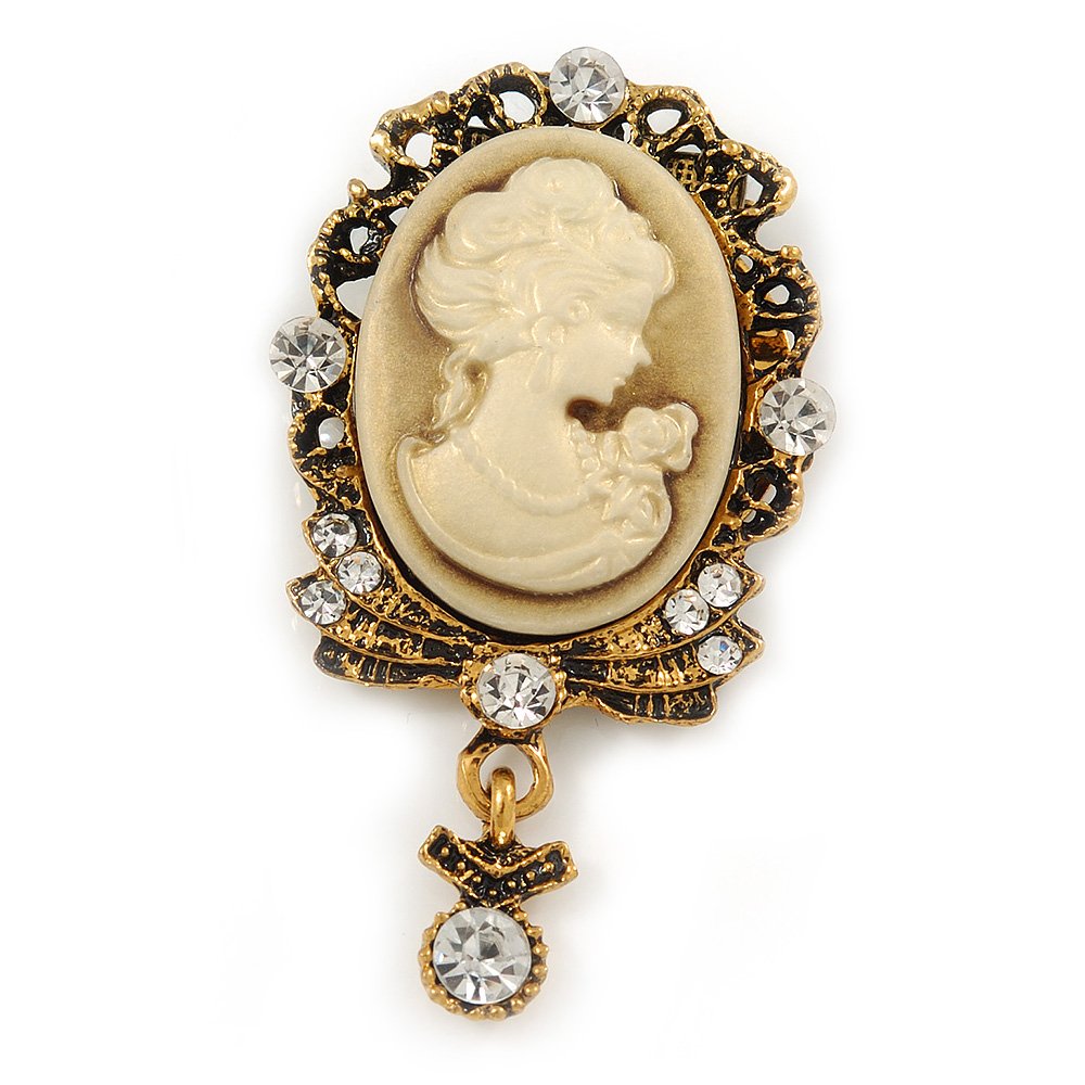 Diamante Cameo Scarf Pin In Aged Gold Tone - 60mm L