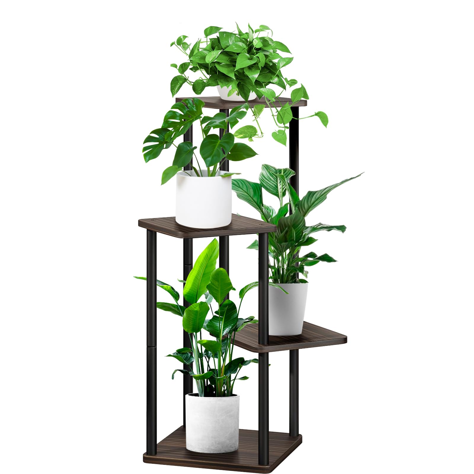 Photo 1 of YOCOMEY 4 Tier Wood Tall Plant Stand Metal Rack Indoor, Multiple Flower Pot Holder Shelves Corner Rack, Planter Shelf Display Rack Storage Organizer for Patio Living Room Balcony Garden(Black Oak)
