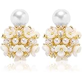 Numgug Shell Flower Pearl Earrings Ball Pearl Double Sided Stud Front Back Earrings for Women Girls 14k Gold Plated Inlaid Created Zircon Pearl Stud