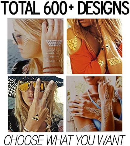 (600+ Designs, All Orders in One Box) Hair and Body Metallic Temporary Tattoos, Metallic Henna Tattoo (1 SHEET, SM2710-022)
