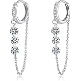 Reffeer Solid 925 Sterling Silver Chain Hoop Earrings Dangle for Women Teen Girls CZ Chain Drop Earrings