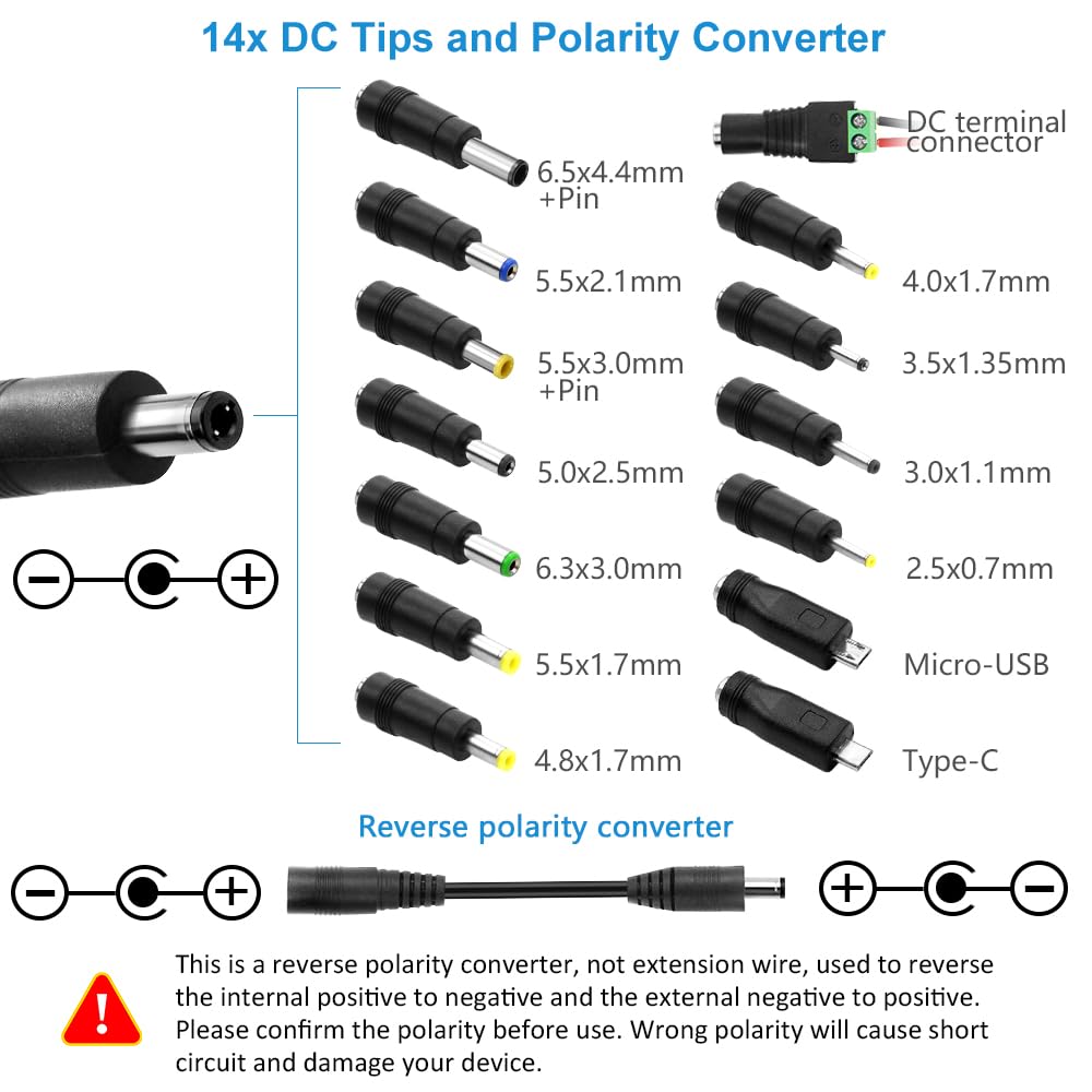 SHNITPWR 60W Universal Power Supply DC 3V 4V 4.5V 5V 6V 7V 7.5V 8V 9V 10V 11V 12V Adjustable Variable Power Adapter 100V-240V AC to DC Converter 1A 2A 2.5A 3A 4A 5A with 14 Tips & Polarity Converter