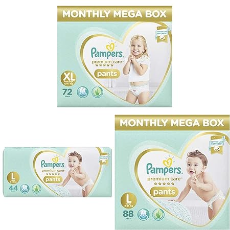 Pampers Premium Care Pants Diapers Monthly Box Pack, X-Large, 72 Count, Pampers Premium Care Pants Diapers, Large, 44 Count & Pampers Premium Care Pants Diapers Monthly Box Pack, Large, 88 Count