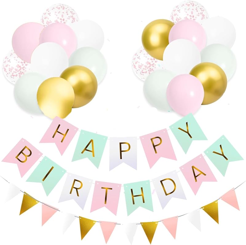 Buygain Happy Birthday Banner with Balloons Green Pink 12in Decor Set