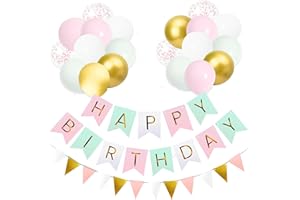 Buygain Happy Birthday Banner and Buntings, Happy Birthday Decorations Set Contains12inch Balloons, Ribbons and Birthday Banners, Happy Birthday Decorations (Macaron)