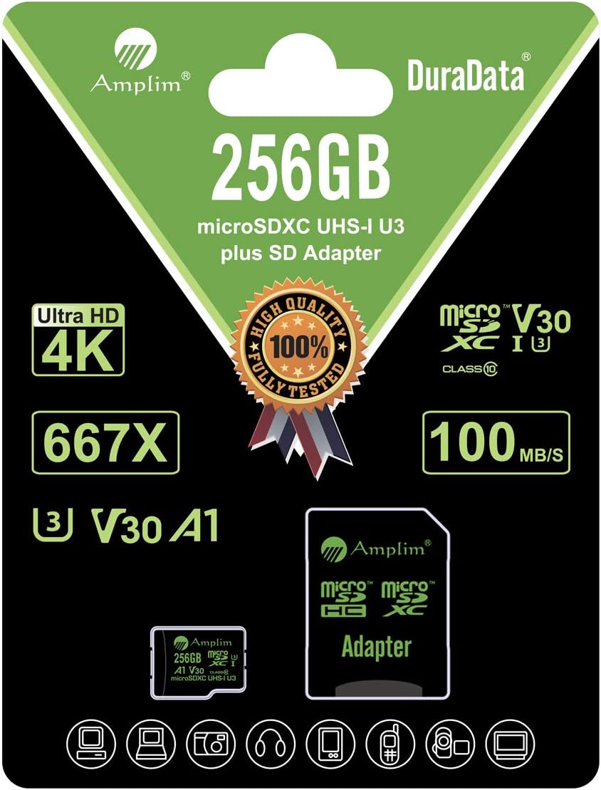256GB Micro SD Card, Amplim Extreme High Speed MicroSD Memory Plus Adapter, MicroSDXC SDXC V30 A1 U3 Class 10 UHS-I TF Nintendo-Switch, GoPro Hero, Surface, Phone Galaxy, Camera Security Cam, Tablet