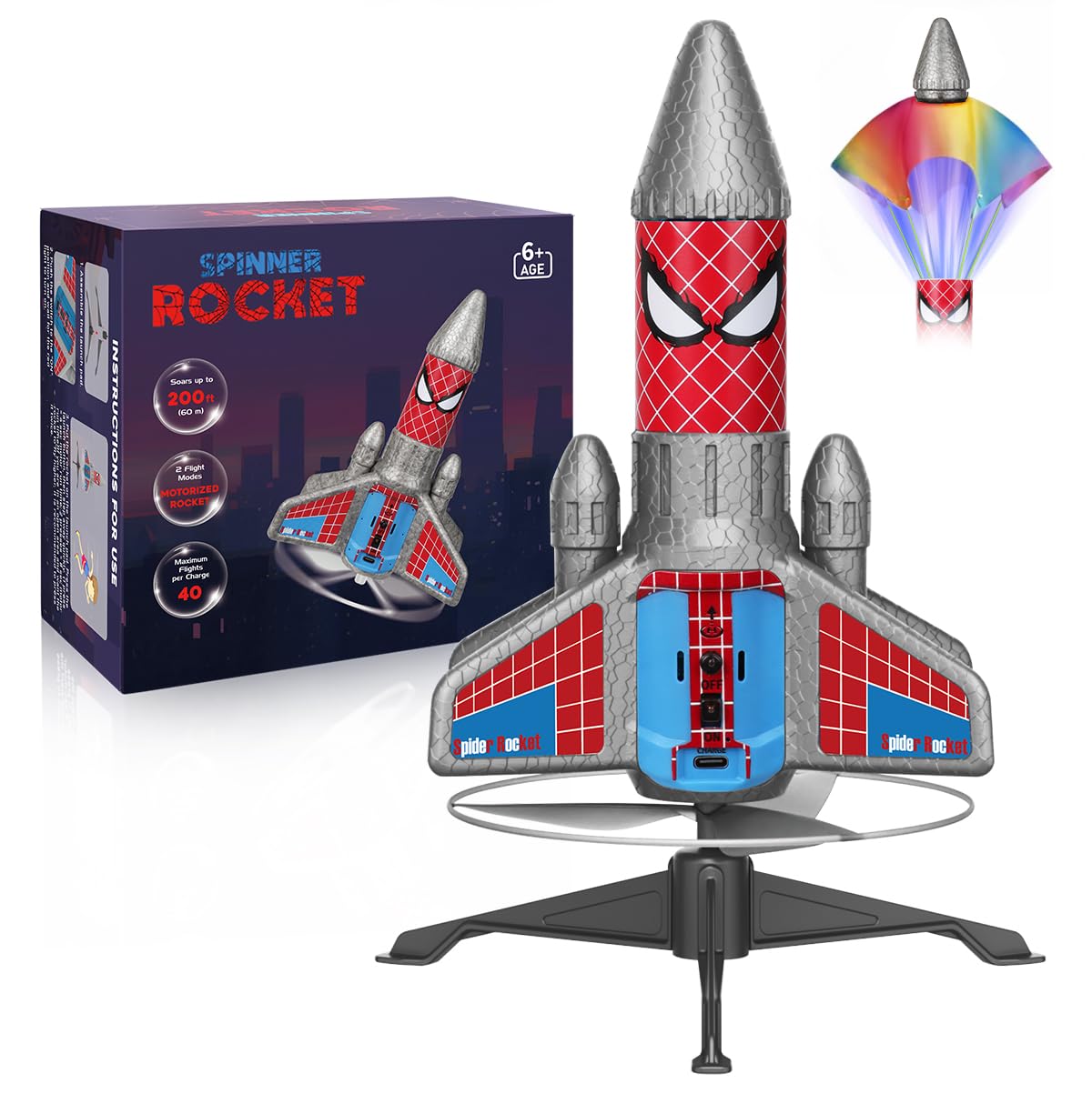 Fullware Rocket Launcher for Kids – 2nd Gen Upgraded Design, Electric Auto Launch, 200ft Flight with Safe Parachute, Outdoor Rocket Toy for Boys & Girls, Birthday Gift for Ages 6-13, Spider Pattern