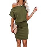 EZBELLE Women's Off The Shoulder Short Sleeve Ribbed Casual Summer Hips-Wrapped Bodycon Party Mini Batwing Dress