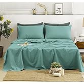 TUMEI Linen Sheets Queen Size, 100% Washed French Linen Sheets Set, 4Pcs Queen Bedding Sheets Set with Durable Deep Pocket Fitted Sheet & Flat Sheet & 2 Pillowcases, Ocean Blue Queen