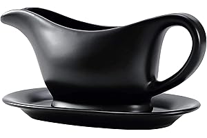 Bruntmor 11 Oz Black Ceramic Gravy Boat With Tray, 11 Ounce Small Ceramic Serving Dish, Dispenser with Tray For Sauces, Dressing and creamer, Gravy Boat With Saucer For Thanksgiving