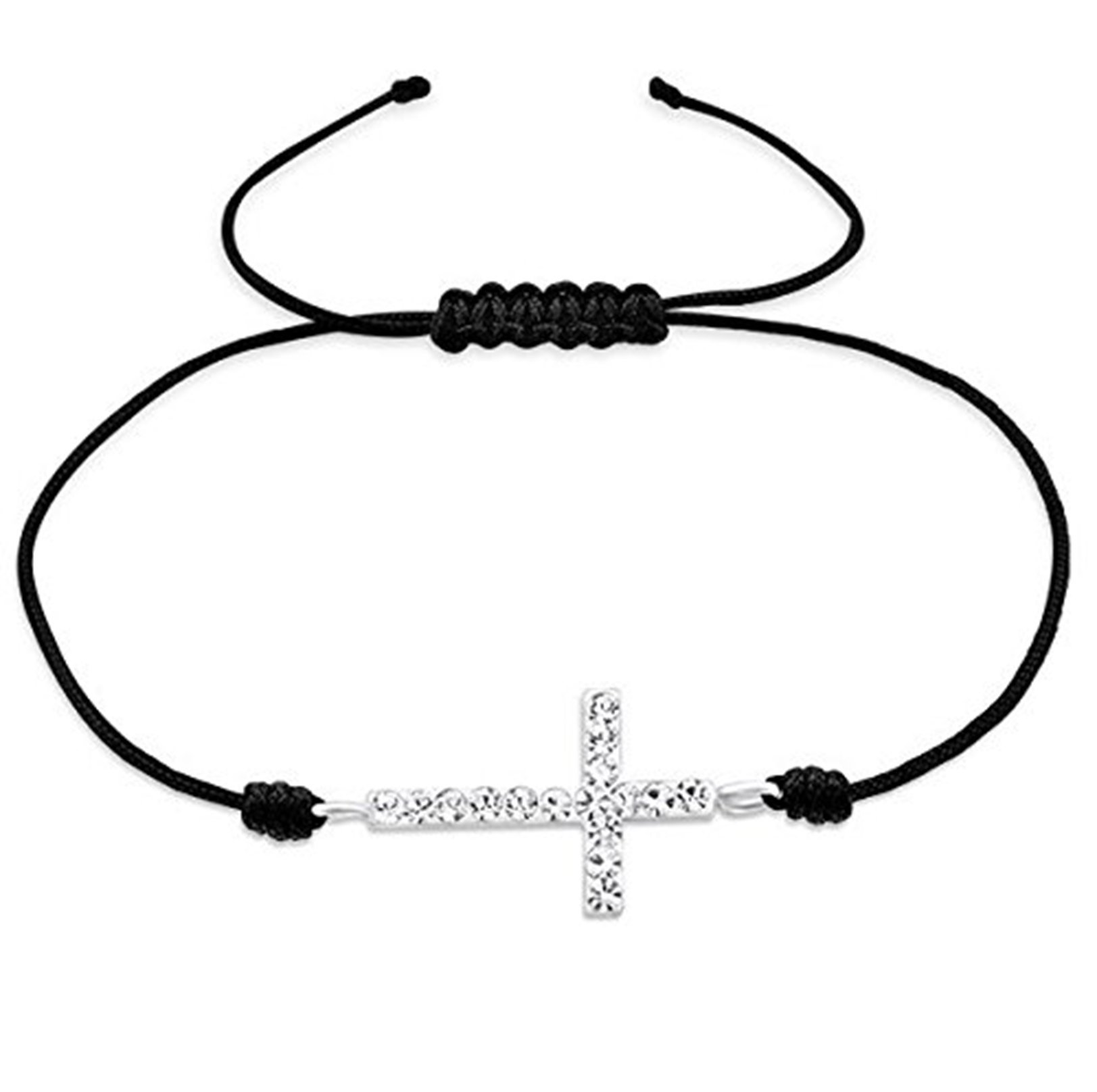 Katy Craig Cross Bracelet with with Crystal Stones on Black String Cord - Adjustable - 925 Sterling Silver
