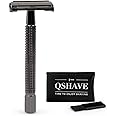 QSHAVE Butterfly Open Long Handle Double Edge Safety Razor for Men or Women, Nostalgic (1 Razor + Leather Protective Sleeve + 5 pcs Titanium Coated Blades)