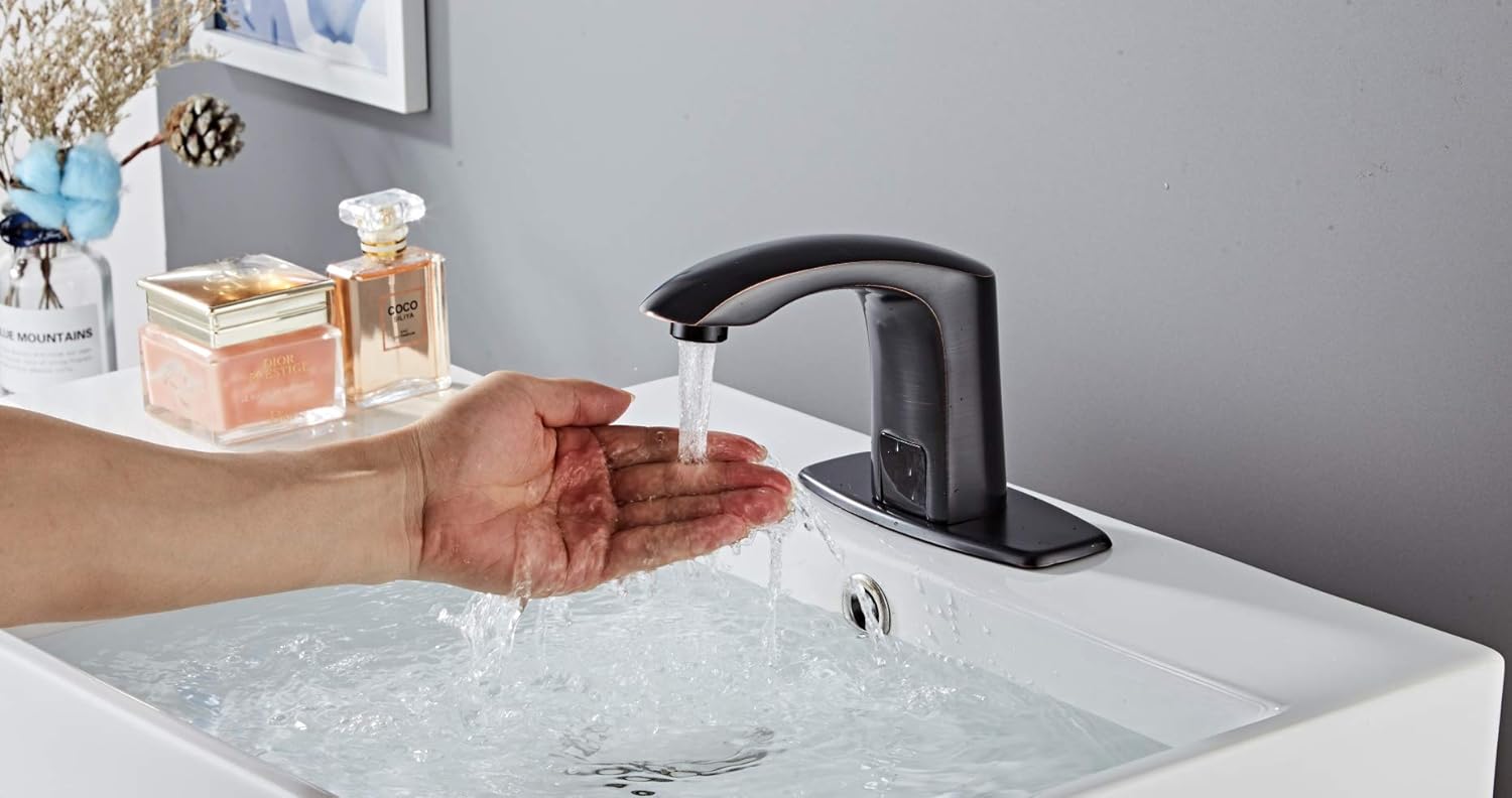 Luxice Sensor Automatic Touchless Bathroom Sink Faucet Hot & Cold Mixer Cover Plate Included Faucet, Black - - 