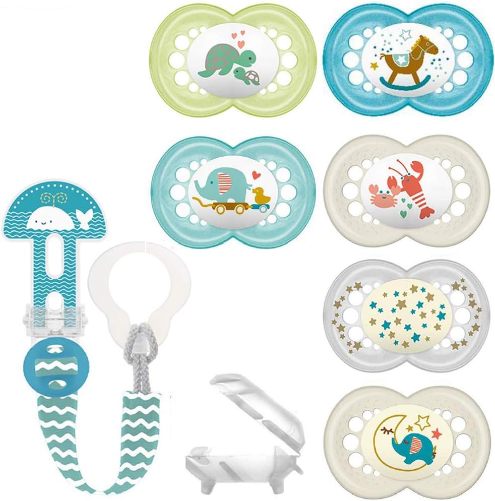 MAM Original Dummy Skin Soft 6-16 Set of 6 Including 3 Sterilised Transport Boxes Includes MAM Clip It Fashion & Cover Dummy Strap with Suction Protection