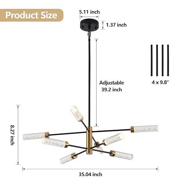 SGLFARMTY LED SPUTNIK CHANDELIER, 8-LIGHT MODERN PENDANT LIGHT,MID CENTURY BLACK GOLD CEILING CHANDELIERS, HEIGHT ADJUSTABLE CRYSTAL HANGING LIGHT FOR DINING ROOM, LIVING ROOM, BEDROOM
