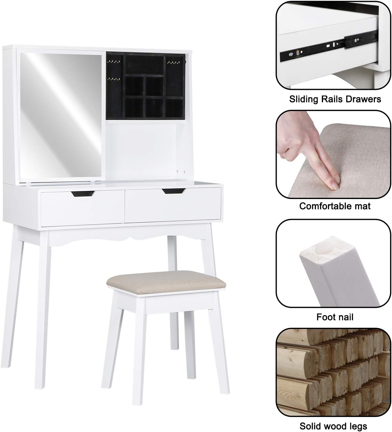 Vanity Set With Moving Mirror Cushioned Stool Dressing Table Vanity Makeup Table 2 Sliding Drawers 5 Storage Shelves Jewelry Armoire Makeup Organizer Vanity Desk White Kitchen Dining Cjp Org In