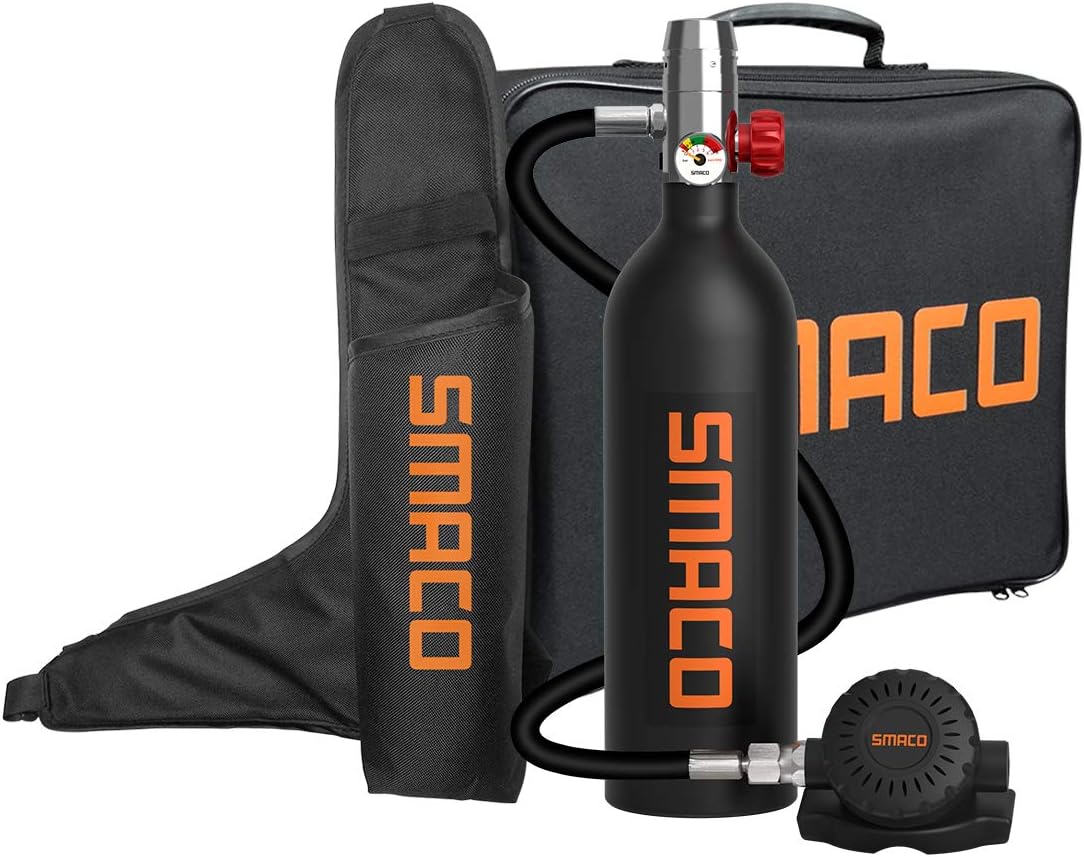 SMACO Scuba Tank Diving Gear for Diver 1L Mini Scuba Tank Oxygen Cylinder with 15-20 Minutes Underwater Breathing Portable Diving Tank Kit for Underwater Exploration Emergency Rescue Pony Bottle S400