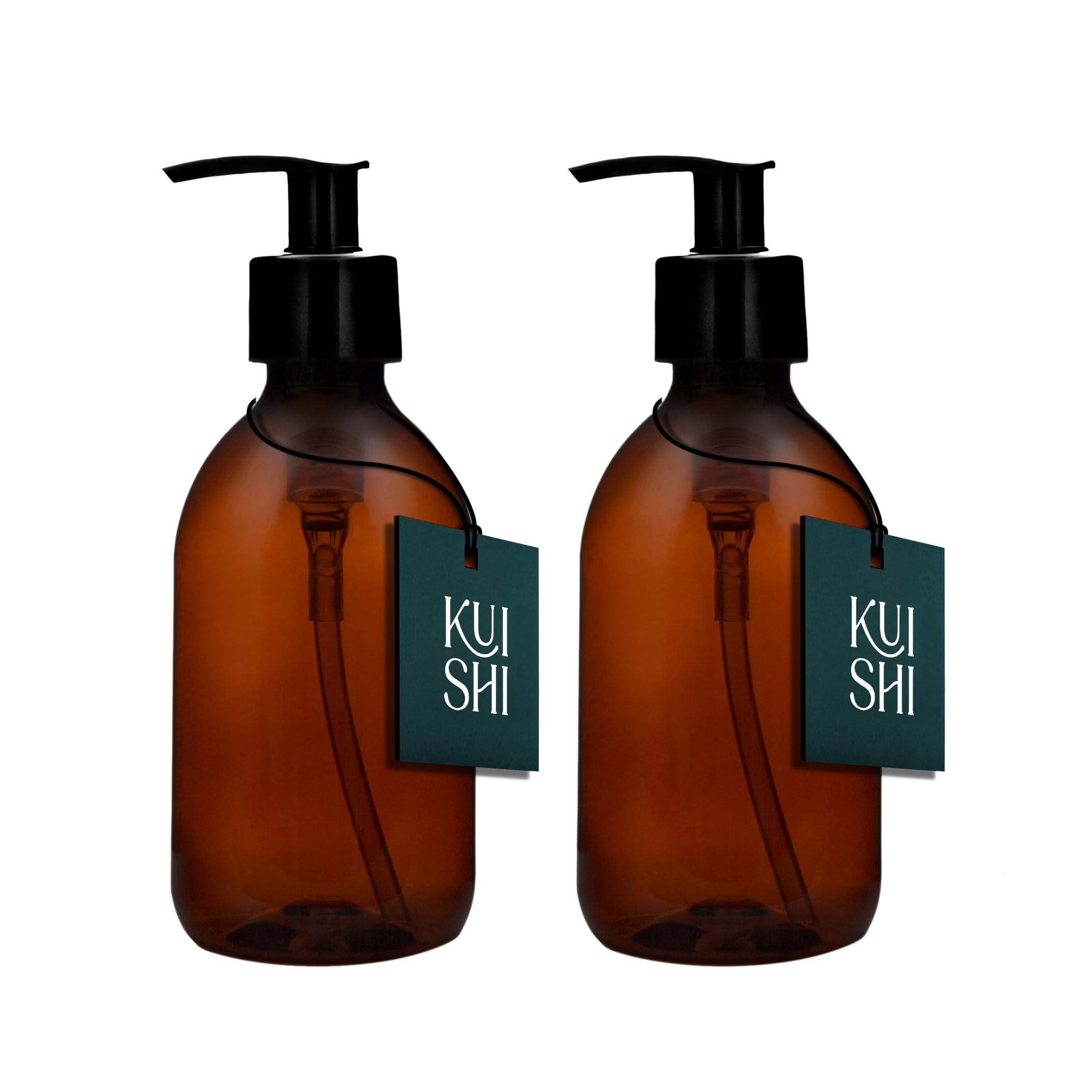 Kuishi Plastic Soap Dispenser with Black Plastic Pump - 250ml Pack of 2 Refillable BPA-Free Hand Soap Dispenser for Kitchen & Bathroom, Amber