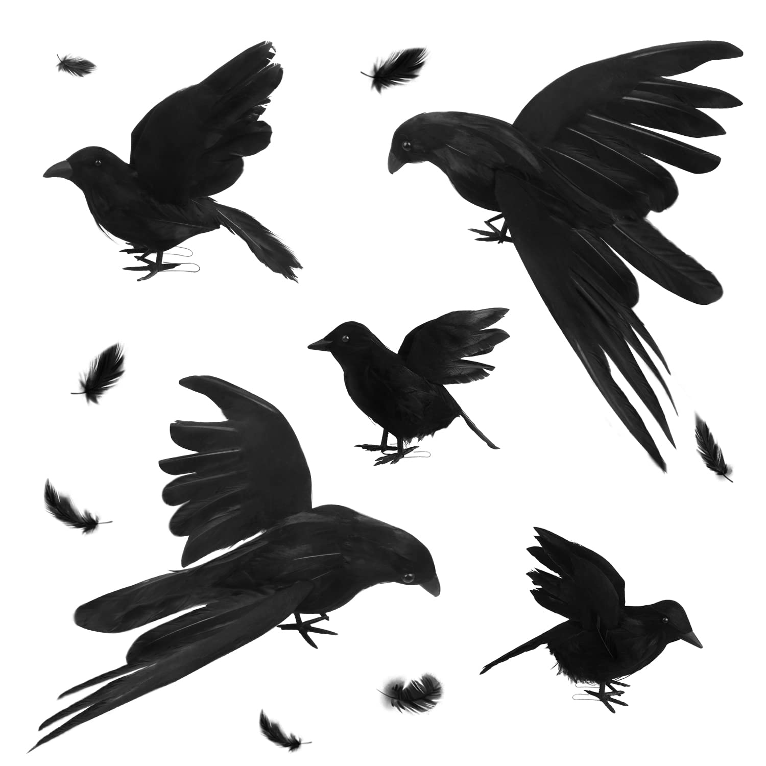 Photo 1 of 5 Pack Realistic Handmade Crows - Large Black Feathered Crows Flying Raven Prop for Halloween Party Indoor/Outdoor Decoration