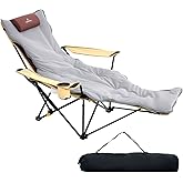 Reclining Camping Chair with Removable Footrest, 4-Position Adjustable Lightweight Folding Lounge Beach Chair with Cotton Cushion, Cup Holder & Storage Pouch for Outdoor(330lbs Capacity), Khaki