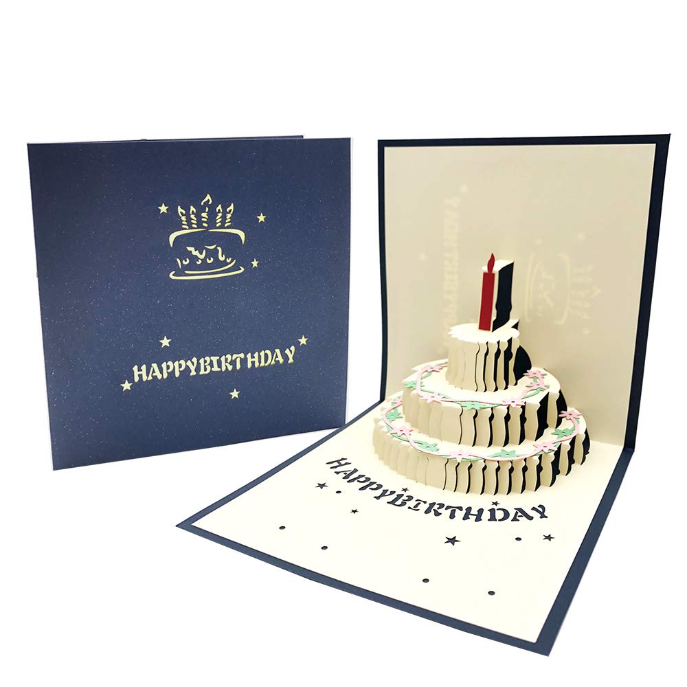 3D Cake Birthday Greeting Card with 3 Layers Cake and Red Candle Design Laser Cut 3D Pop Up Happy Birthday Card with Envelope for Birthday Parties and Anniversaries (Blue)