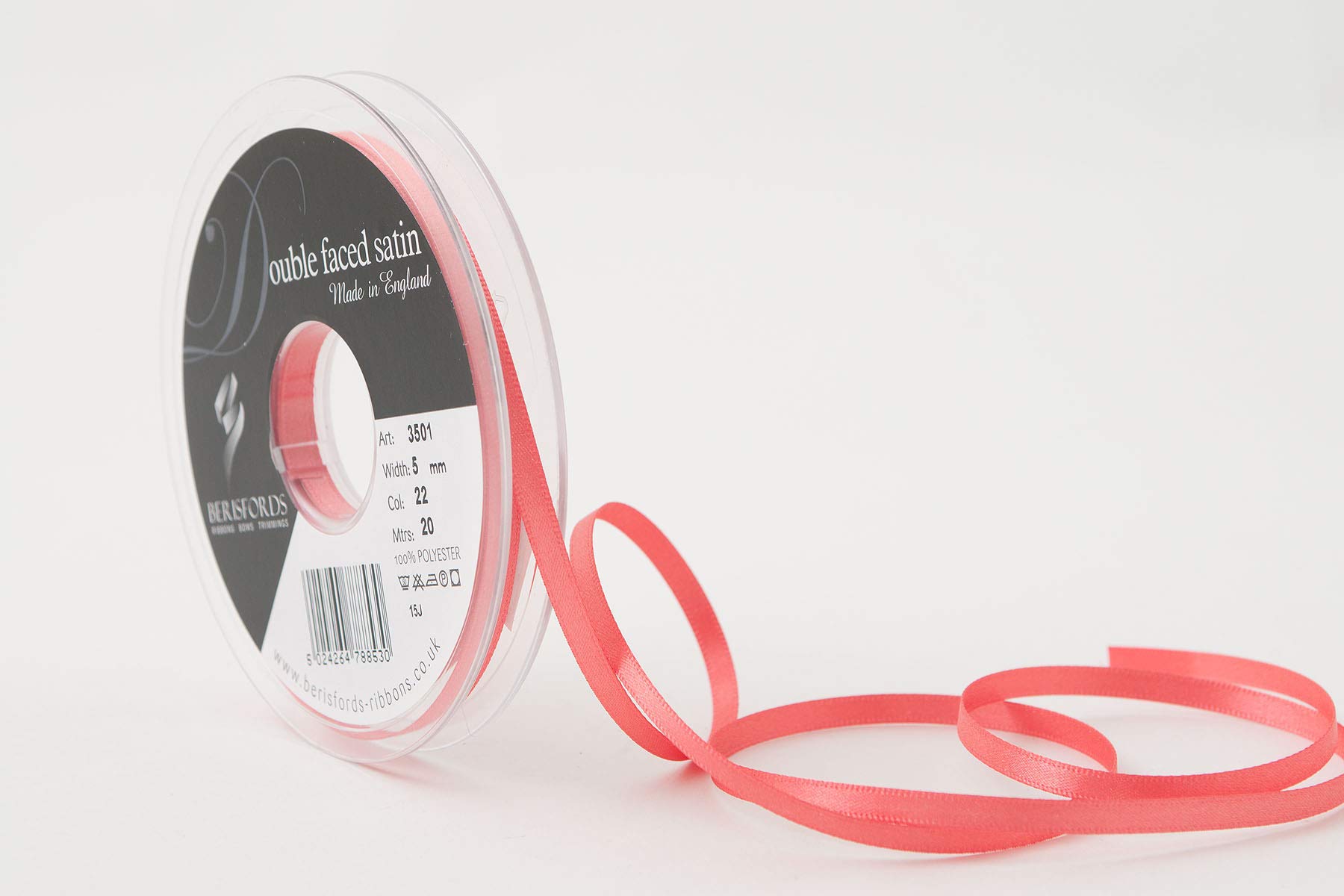 Berisfords Double FACE Poly Satin Ribbon, Coral, 10x1x10 cm