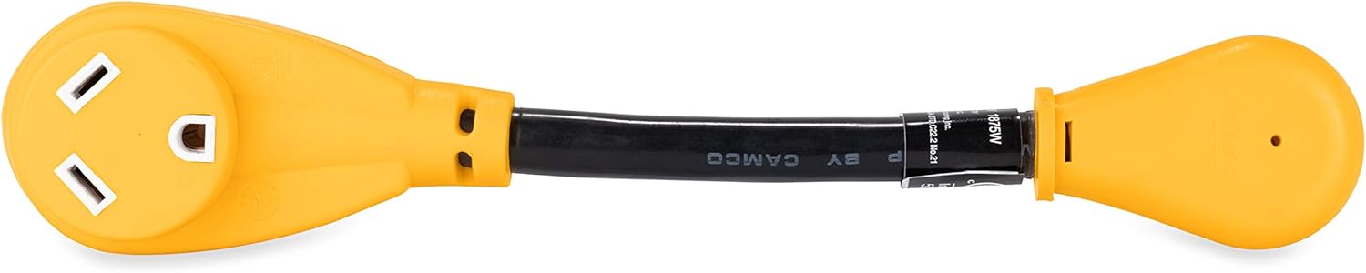 Camco (55165) Heavy Duty RV Dogbone Electrical Adapter with Innovative 180 Degree Bend Design and Easy PowerGrip Handle - 15 Amp Male to 30 Amp Female, 12": Automotive